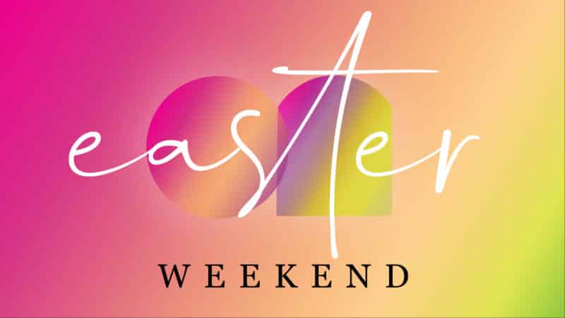 Colorful background with the word "Easter" in white script.