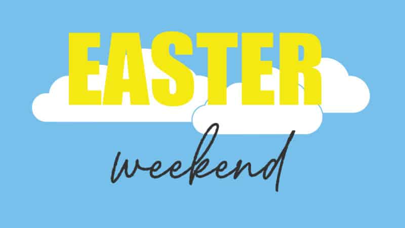 Yellow word Easter on white cloud with blue background.