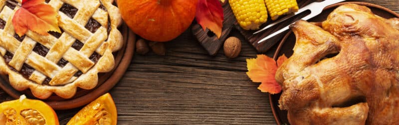 Thanksgiving food on wooden table background