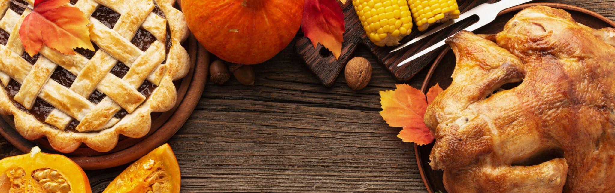 Thanksgiving food on wooden table background
