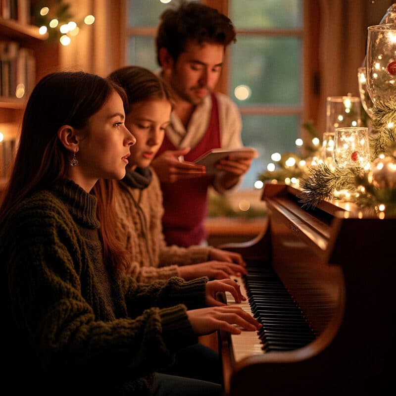 Kids playing piano and singing christmas carols.