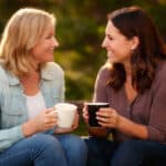 two women chatting drinking coffee